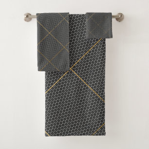 BLACK SILVER ABSTRACT CIRCLES GRID BATH TOWEL SET