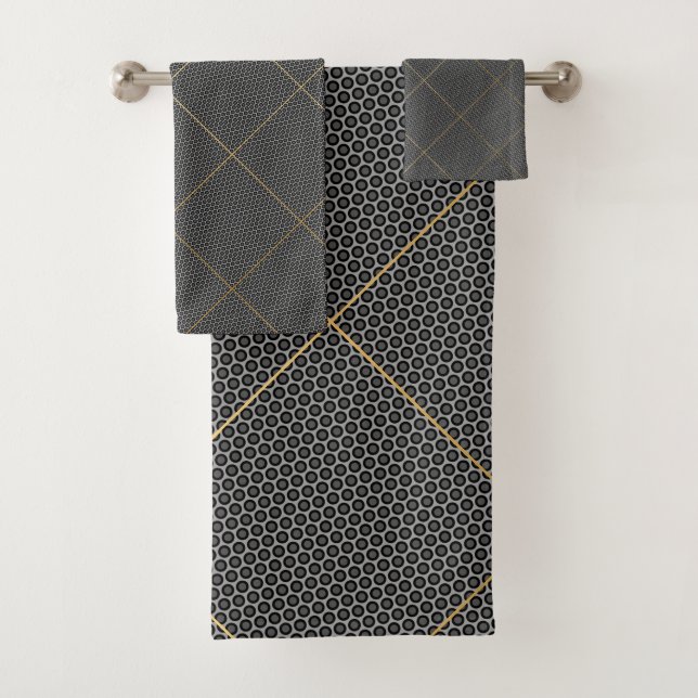 BLACK SILVER ABSTRACT CIRCLES GRID BATH TOWEL SET (Insitu)