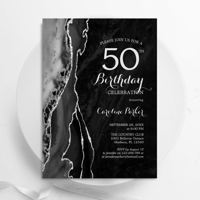Black Silver Agate 50th Birthday Invitation (Creator Uploaded)
