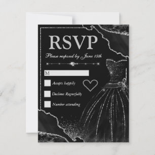 Black & Silver Agate & Black Dress Sweet 16 RSVP Card