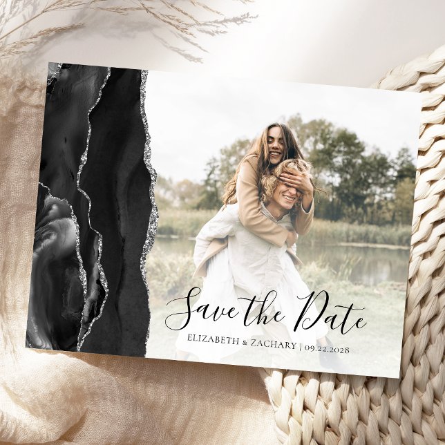 Black Silver Agate Custom Photo Save the Date Postcard (Creator Uploaded)