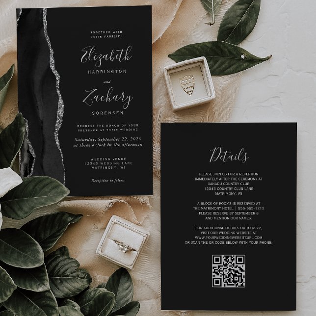 Black Silver Agate Dark QR Code Wedding Invitation (Creator Uploaded)