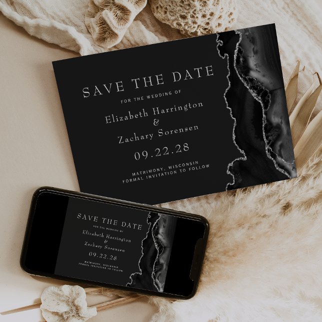 Black Silver Agate Dark Save the Date Invitation (Creator Uploaded)