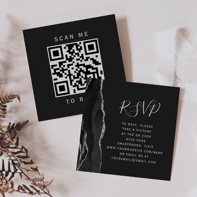 Black Silver Agate Dark Wedding QR Code RSVP Enclosure Card (Creator Uploaded)