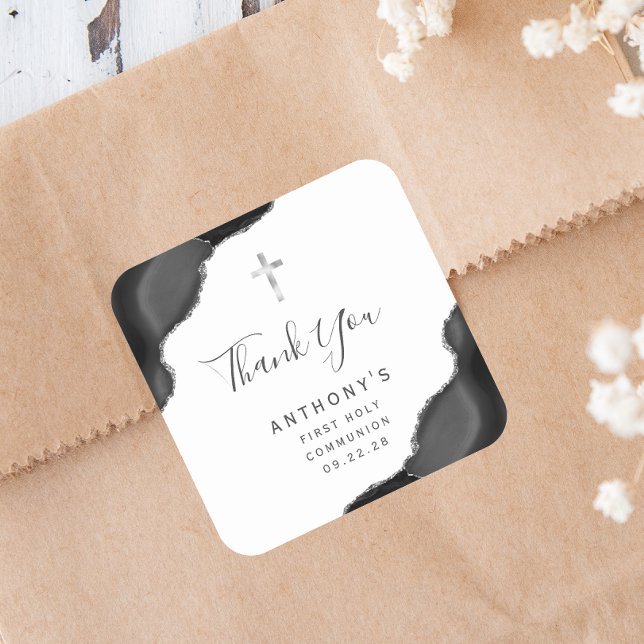 Black Silver Agate First Holy Communion Thank You Square Sticker (Creator Uploaded)