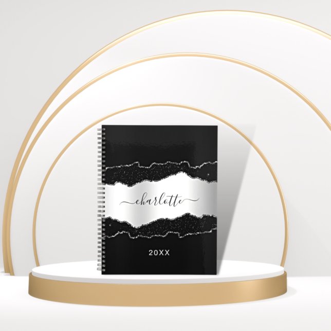 Black silver agate marble glitter name script 2026 planner (Creator Uploaded)