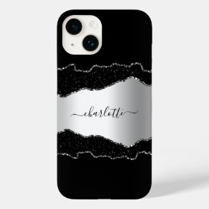 Black silver agate marble name script  Case-Mate iPhone 14 case