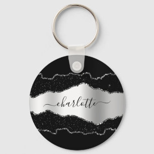 Black silver agate marble name script  key ring