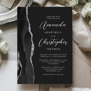 Black Silver Agate Modern Script Wedding Invitation