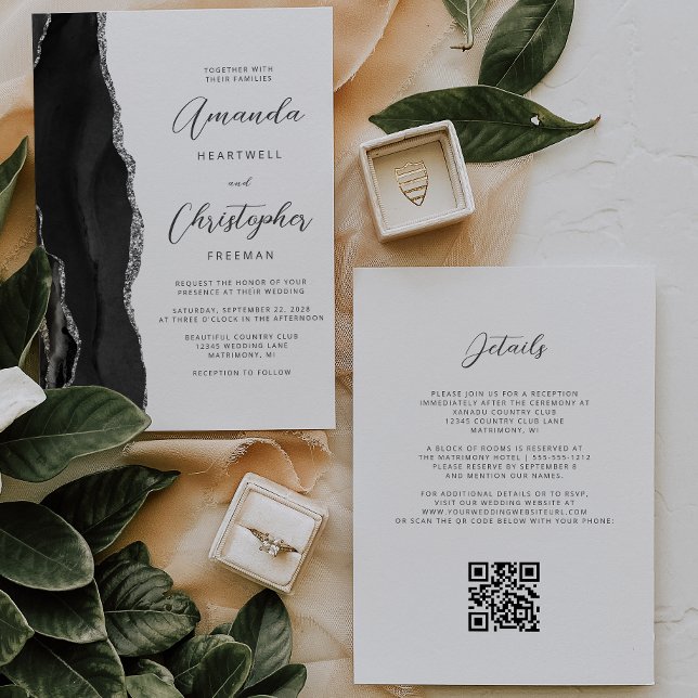 Black Silver Agate QR Code Wedding Invitation (Creator Uploaded)