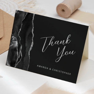 Black Silver Agate Script Dark Wedding Thank You Card