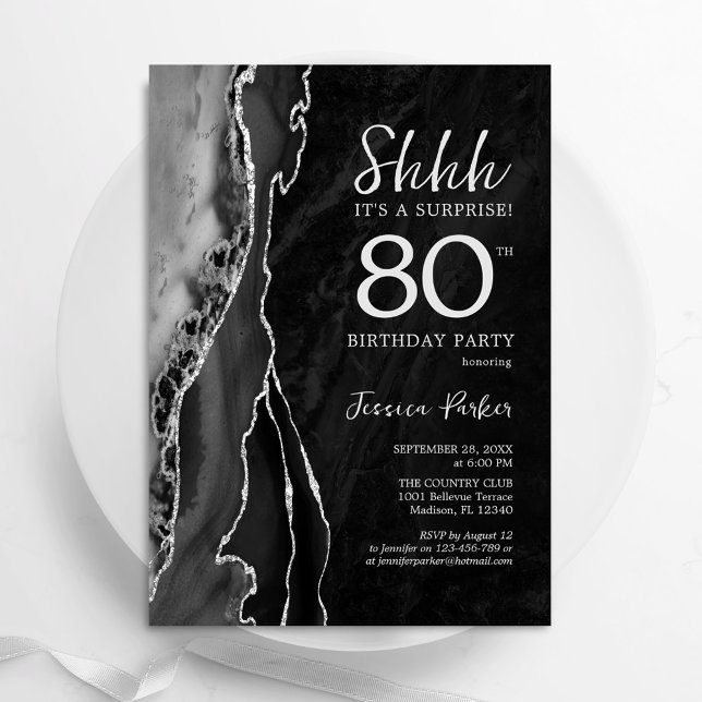 Black Silver Agate Surprise 80th Birthday Invitation (Creator Uploaded)