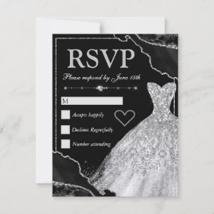 Black & Silver Agate & White Dress Sweet 16 RSVP Card