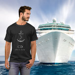 Black silver anchor sailor cruise monogram name T-Shirt<br><div class="desc">A black background,  decorted with a faux silver anchor.  Personalise and add your monogram initials and full name.</div>