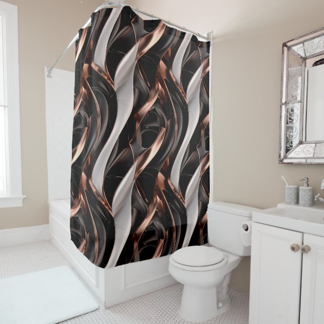 Black, Silver and Copper Abstract 3D Effect Shower Curtain (In Situ)