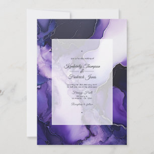 Black, Silver and Dark Purple Alcohol Ink Wedding Invitation