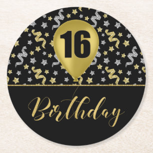 Black Silver and Gold 16 Birthday Confetti Round Paper Coaster