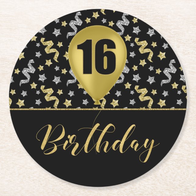 Black Silver and Gold 16 Birthday Confetti Round Paper Coaster (Front)