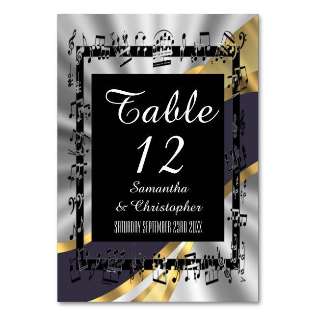 Black, silver and gold personalised table number (Front)