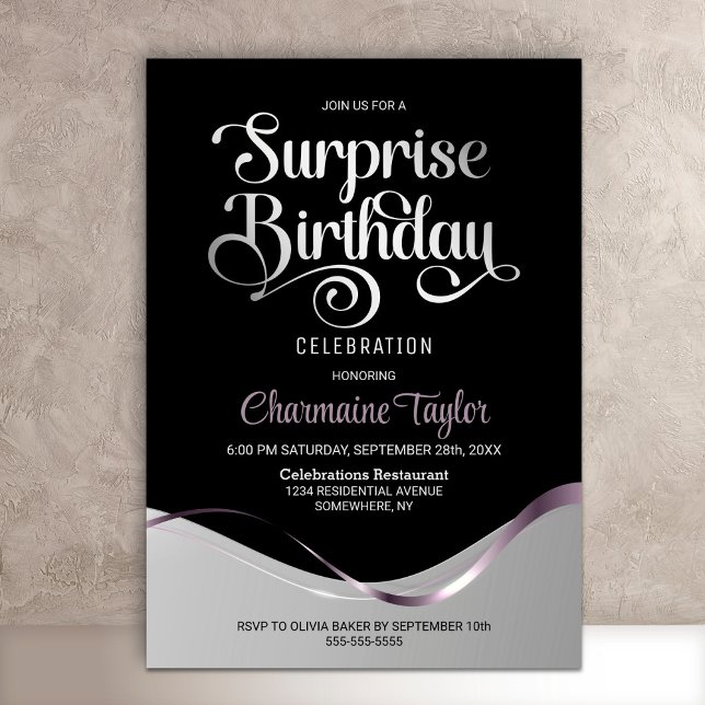 Black Silver Any Age Surprise Birthday Party Invitation (Creator Uploaded)