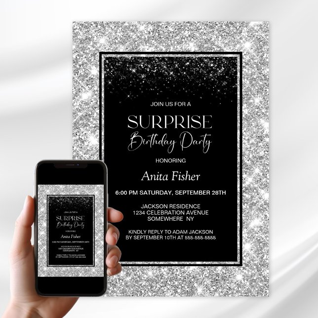Black Silver Any Age Surprise Birthday Party Invitation (Creator Uploaded)