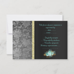 BLACK SIlVER AQUA FLORAL RSVP Card