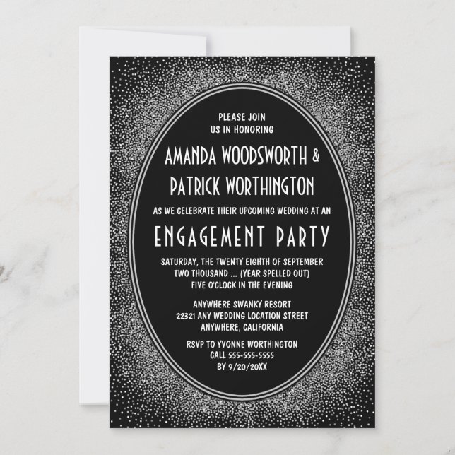 Black Silver Art Deco Engagement Party Invitations (Front)
