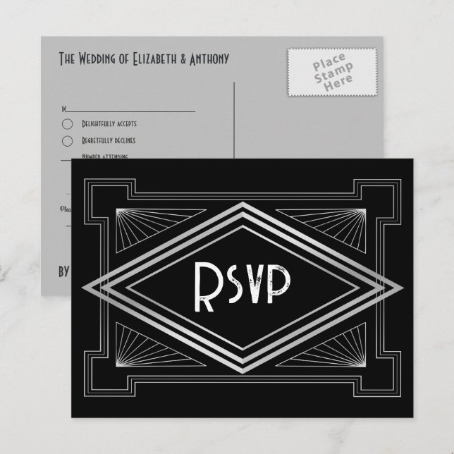 Black & Silver Art Deco Gatsby-Inspired Wedding Postcard (Front/Back)