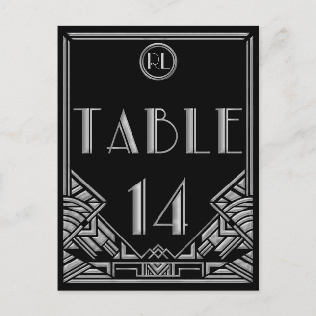 Black Silver Art Deco Gatsby Style Table Number 14 Postcard (Front)