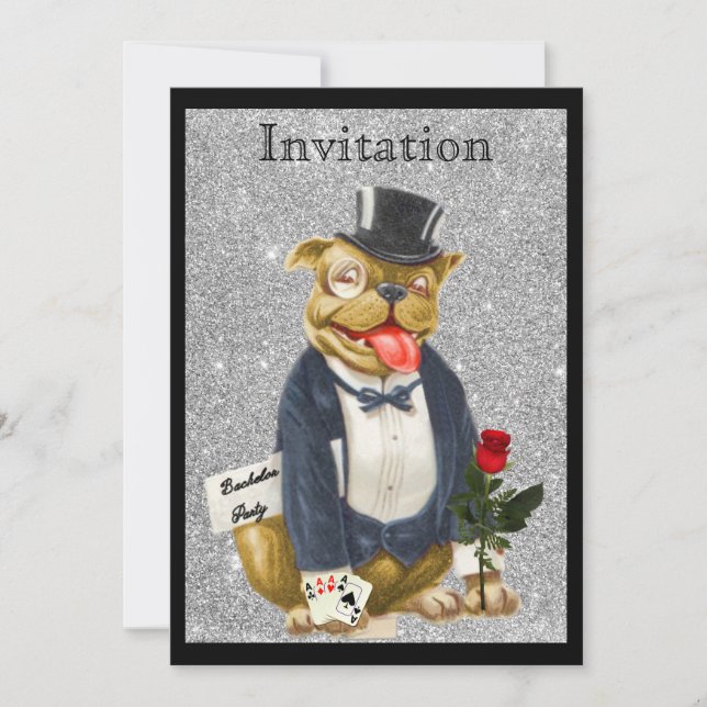 Black Silver Bachelor Party Invitation Bull Dog (Front)