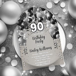 Black Silver Balloons 90th Birthday Party Acrylic Invitations