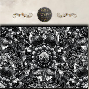 Black Silver Baroque Floral Decoupage Tissue Paper