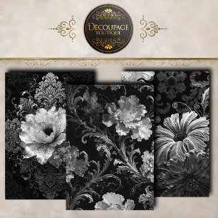Black Silver Baroque Florals Decoupage Collection Wrapping Paper Sheet