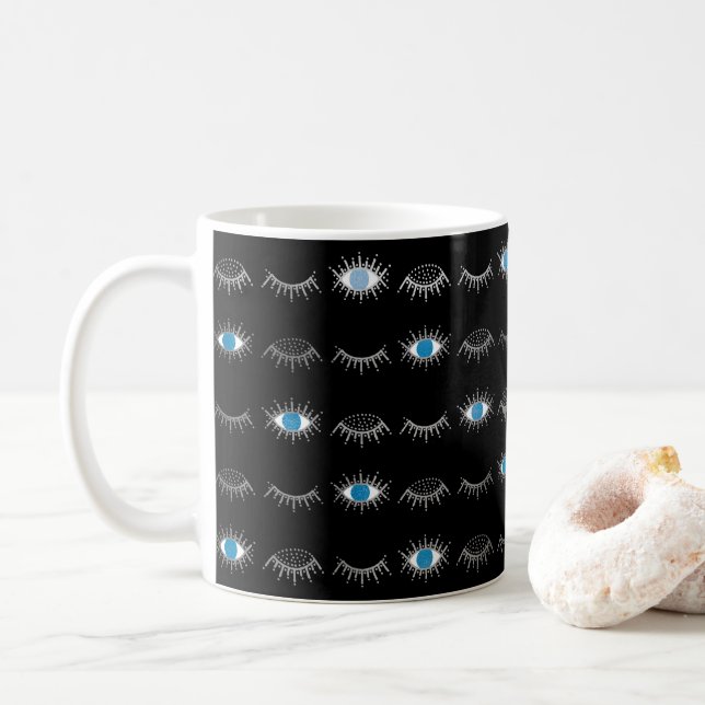 Black & Silver Blue Evil Eye Eyelashes Nazar Mati  Coffee Mug (With Donut)