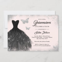 Black Silver Blush Dress Butterfly Quinceanera