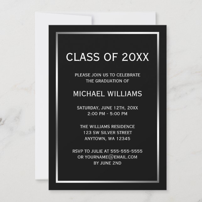 Black Silver Border Graduation Announcement (Front)
