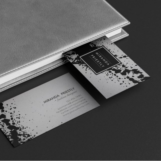 Black Silver Brushstrokes Fashion Stylist Designer Business Card (Creator Uploaded)
