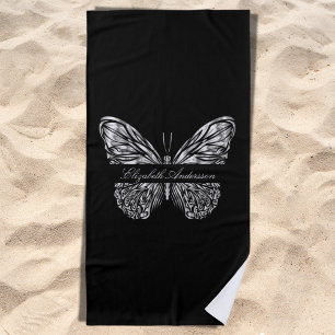 Black silver butterfly name script beach towel