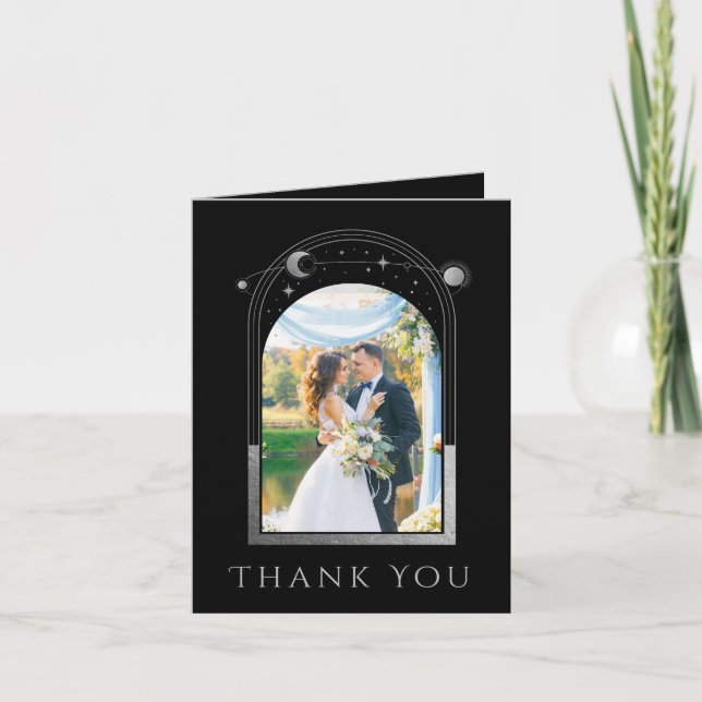 Black Silver Celestial Photo Wedding Thank You Card (Front)