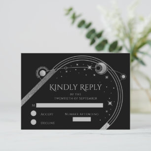 Black Silver Celestial Sun Moon Stars Wedding RSVP Card