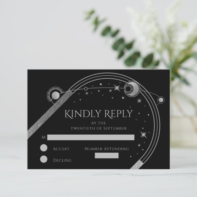 Black Silver Celestial Sun Moon Stars Wedding RSVP Card (Standing Front)