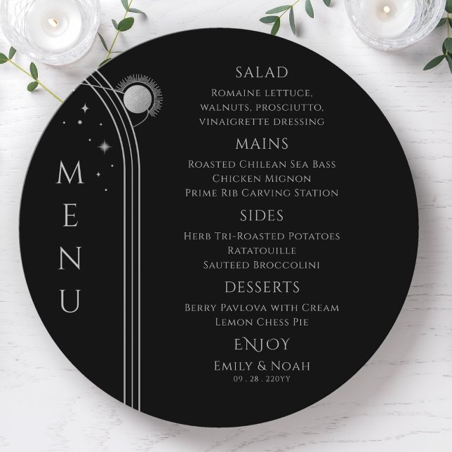 Black Silver Celestial Sun Moon Wedding Menu (Creator Uploaded)