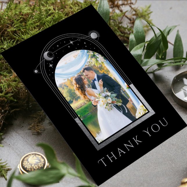 Black Silver Celestial Wedding Photo Thank You Card (Creator Uploaded)