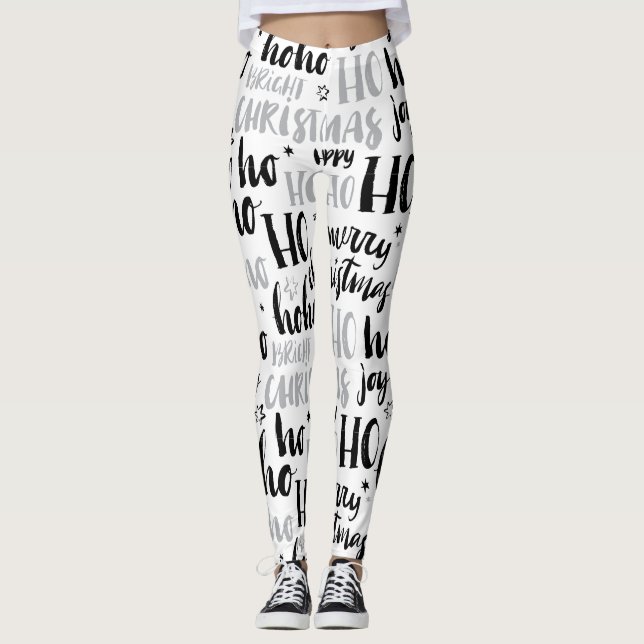 Black & Silver Christmas Word Text Art Cute Aesthe Leggings (Front)