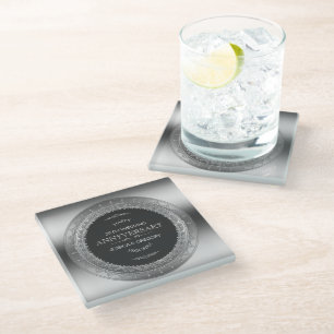 Black & Silver Circle Frame 25th Wedding Design Glass Coaster