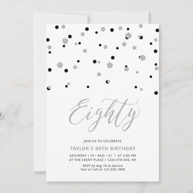 Black & Silver Confetti Eighty 80th Birthday Party Invitation (Front)