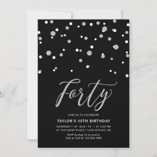 Black & Silver Confetti Forty 40th Birthday Party  Invitation