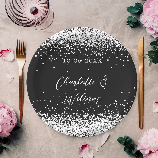 Black silver confetti script wedding paper plate (Creator Uploaded)