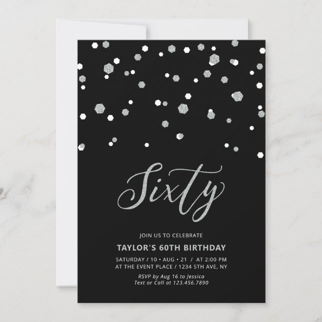 Black & Silver Confetti Sixty 60th Birthday Party  Invitation (Front)