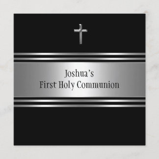 Black Silver Cross Boys First Communion Invitation